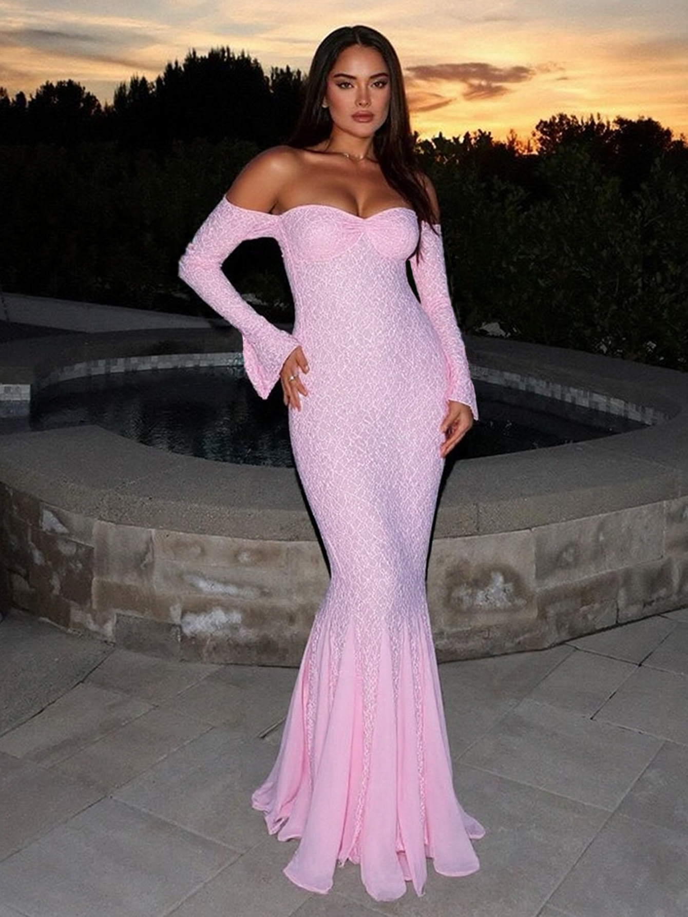 Off - the - Shoulder Lace - Spliced Fishtail Maxi Dress