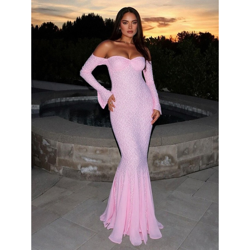 Off - the - Shoulder Lace - Spliced Fishtail Maxi Dress