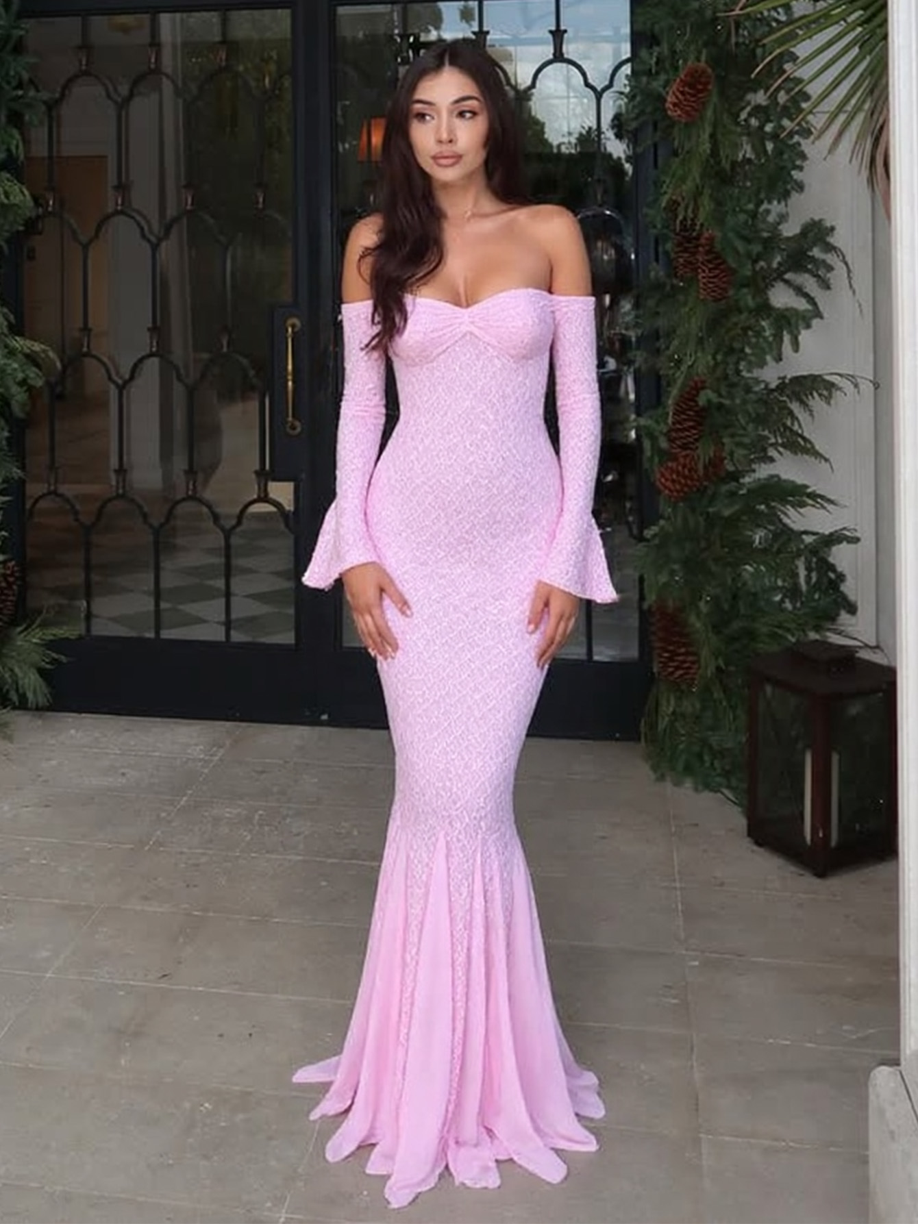 Off - the - Shoulder Lace - Spliced Fishtail Maxi Dress