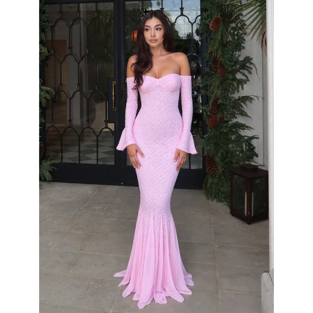 Off - the - Shoulder Lace - Spliced Fishtail Maxi Dress