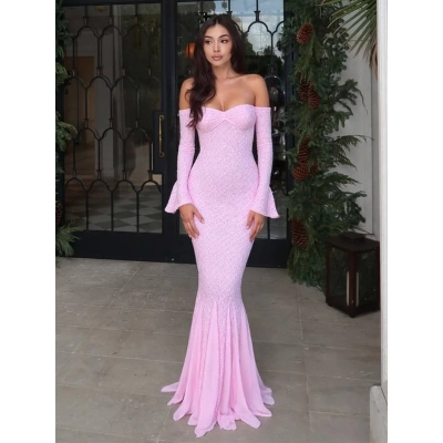 Off - the - Shoulder Lace - Spliced Fishtail Maxi Dress 02