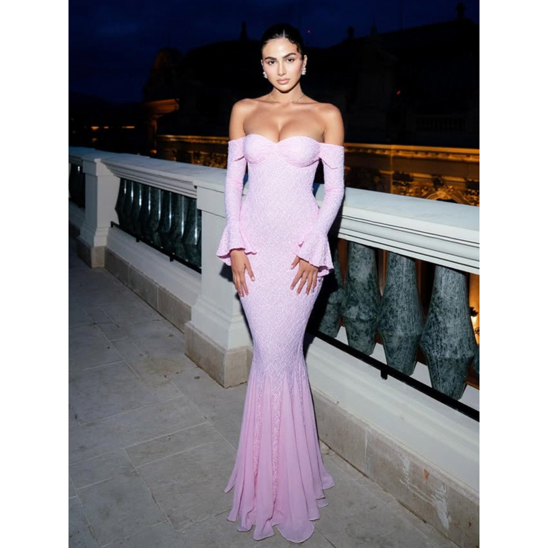 Off - the - Shoulder Lace - Spliced Fishtail Maxi Dress