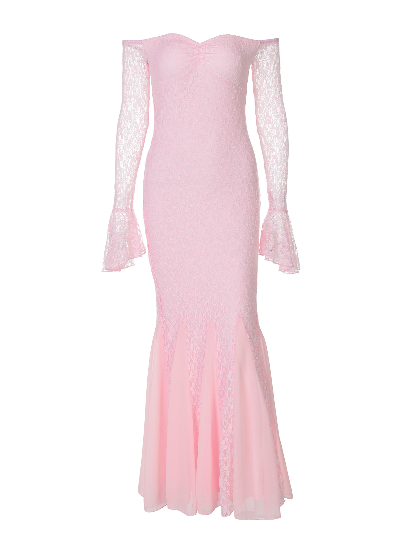 Off - the - Shoulder Lace - Spliced Fishtail Maxi Dress