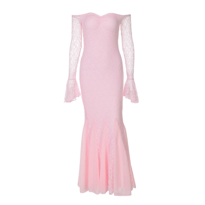 Off - the - Shoulder Lace - Spliced Fishtail Maxi Dress 01