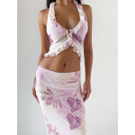 Print Mesh Halter V - neck Slim Pencil Dress Set