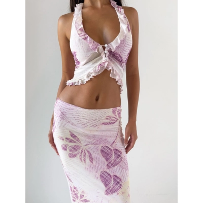 Print Mesh Halter V - neck Slim Pencil Dress Set 02