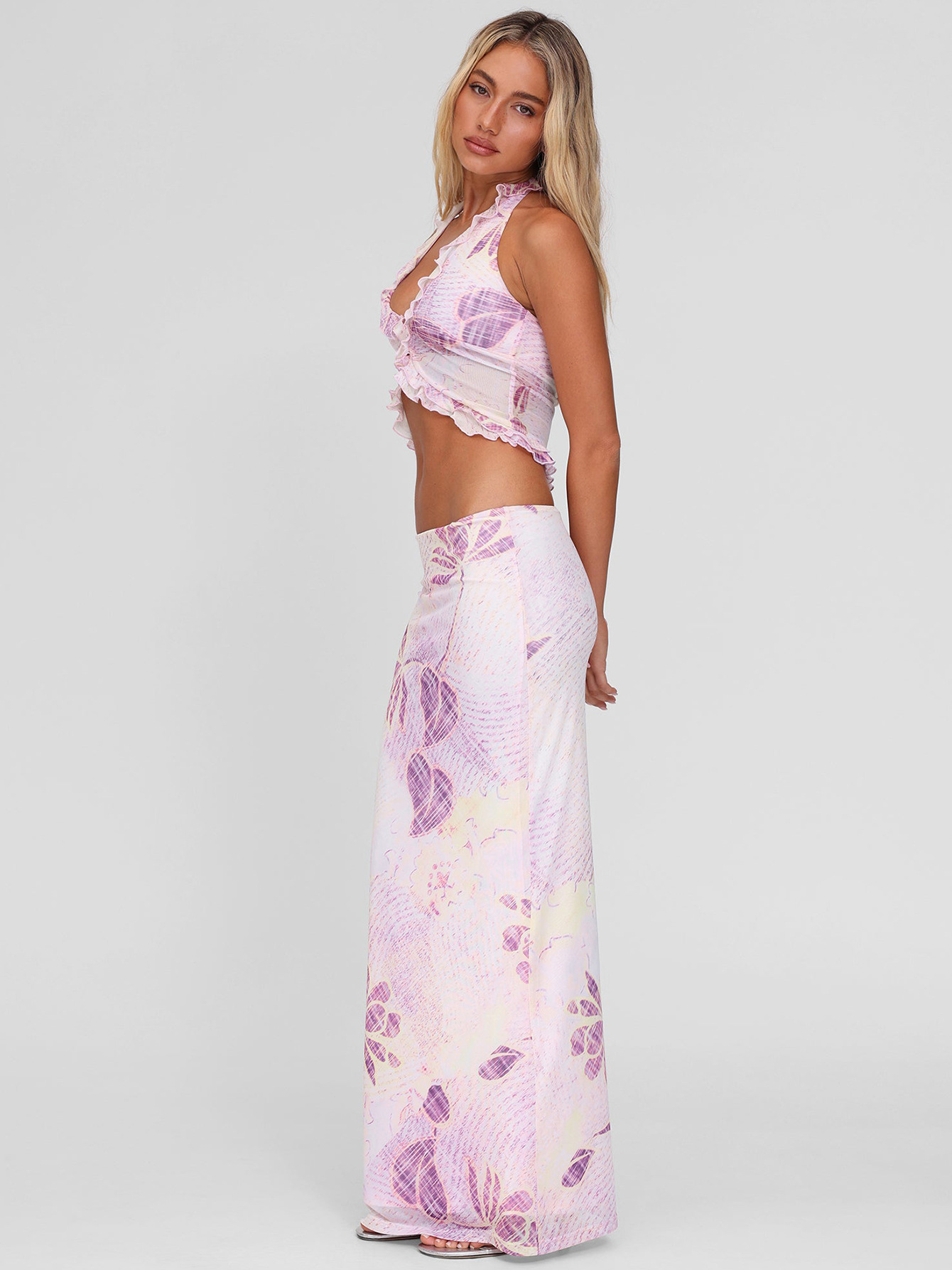 Print Mesh Halter V - neck Slim Pencil Dress Set