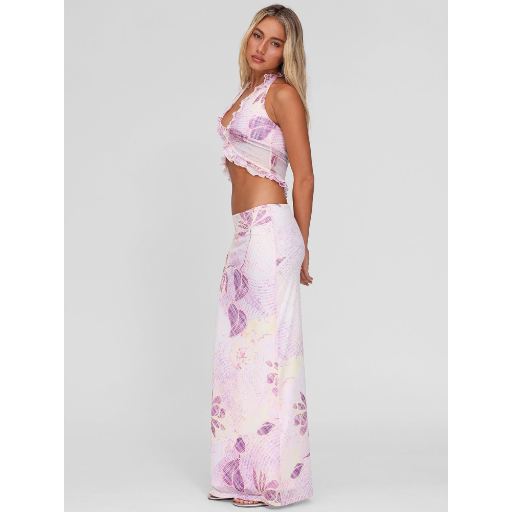 Print Mesh Halter V - neck Slim Pencil Dress Set