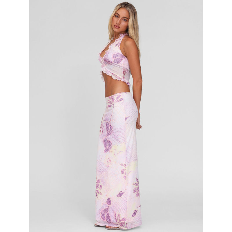 Print Mesh Halter V - neck Slim Pencil Dress Set