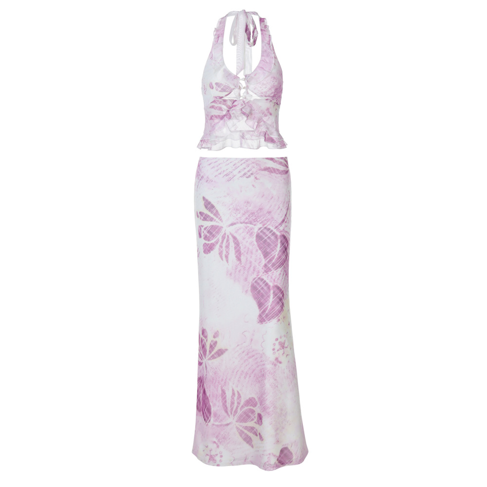 Print Mesh Halter V - neck Slim Pencil Dress Set