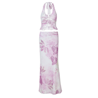 Print Mesh Halter V - neck Slim Pencil Dress Set 01