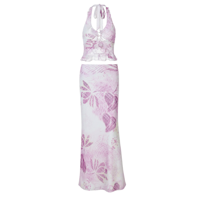 Print Mesh Halter V - neck Slim Pencil Dress Set