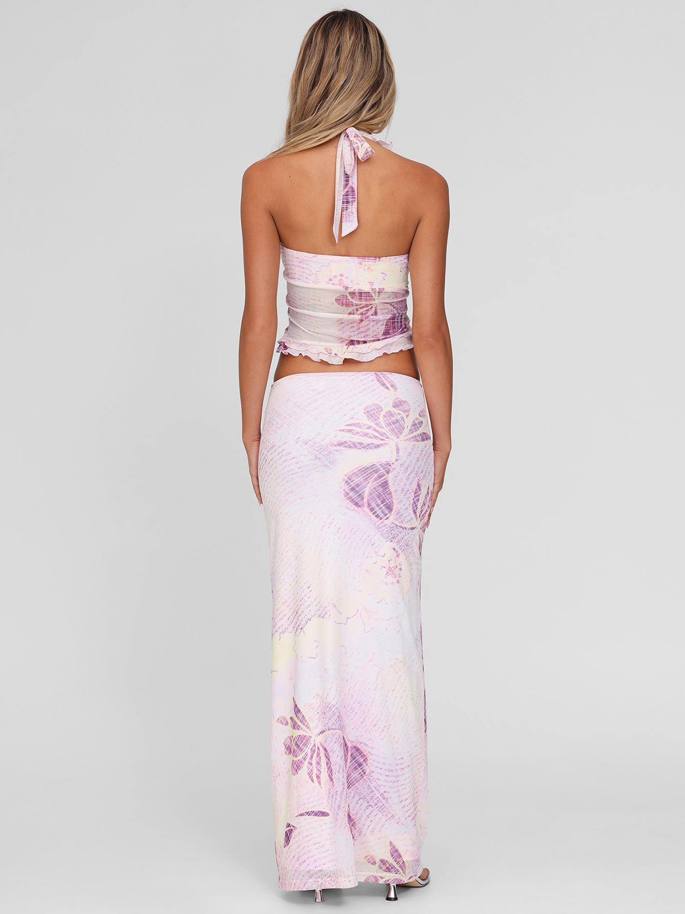 Print Mesh Halter V - neck Slim Pencil Dress Set