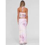 Print Mesh Halter V - neck Slim Pencil Dress Set
