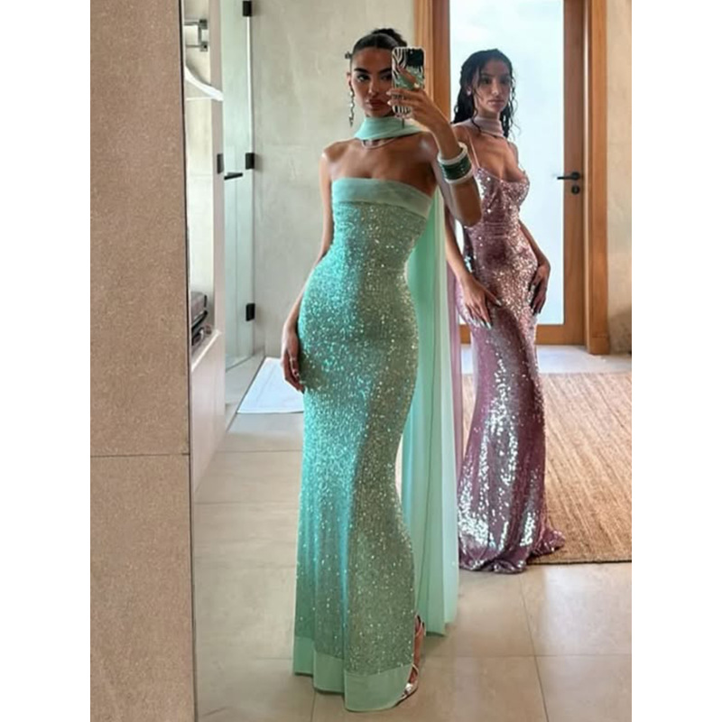 Strapless Solid - color Slim - fit Long Ball - gown with Sequins
