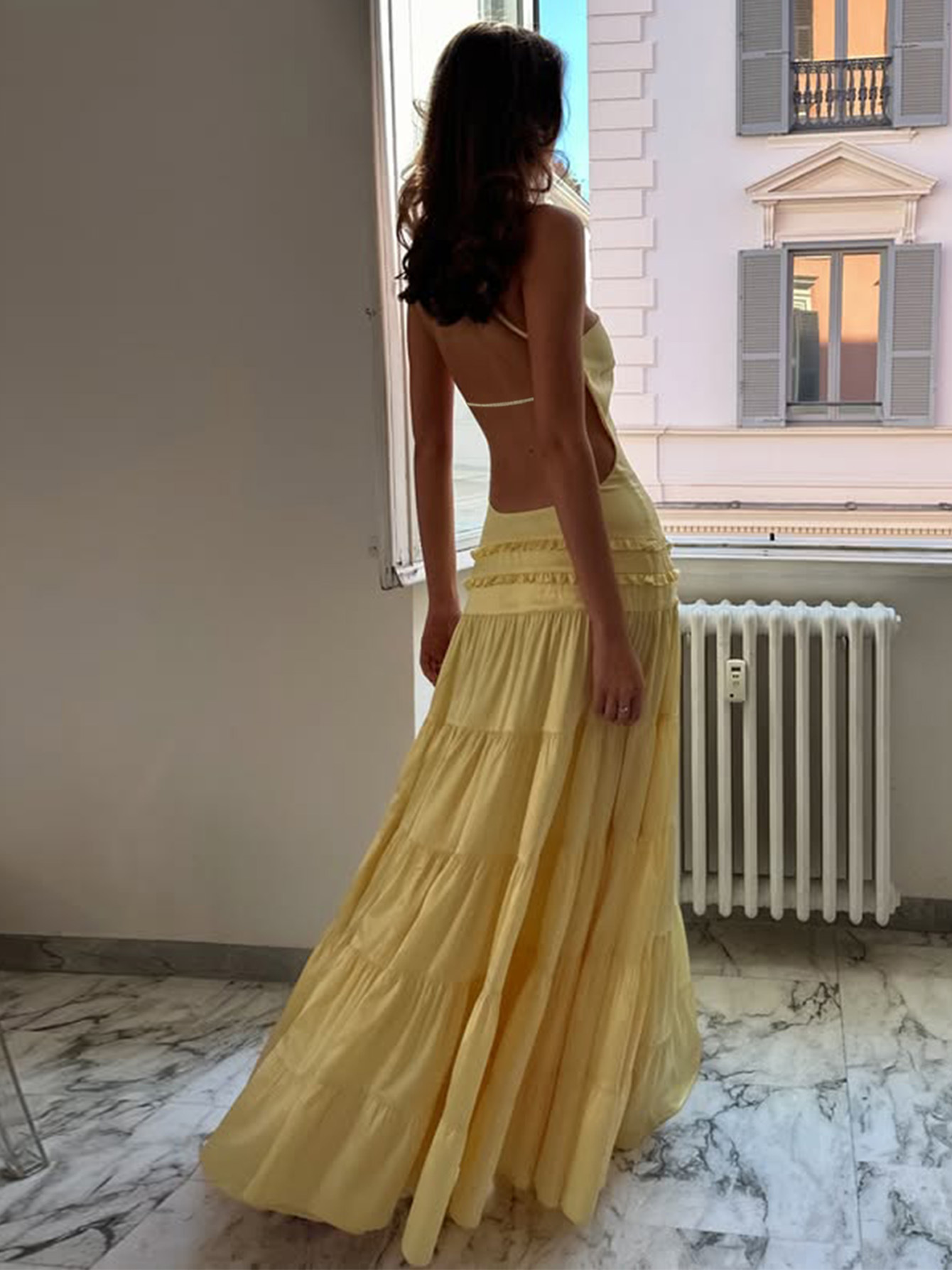 Strappy One - Shoulder Pleated Multi - layer Long Dress 