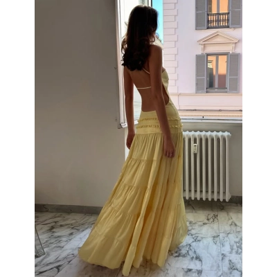 Strappy One - Shoulder Pleated Multi - layer Long Dress  02