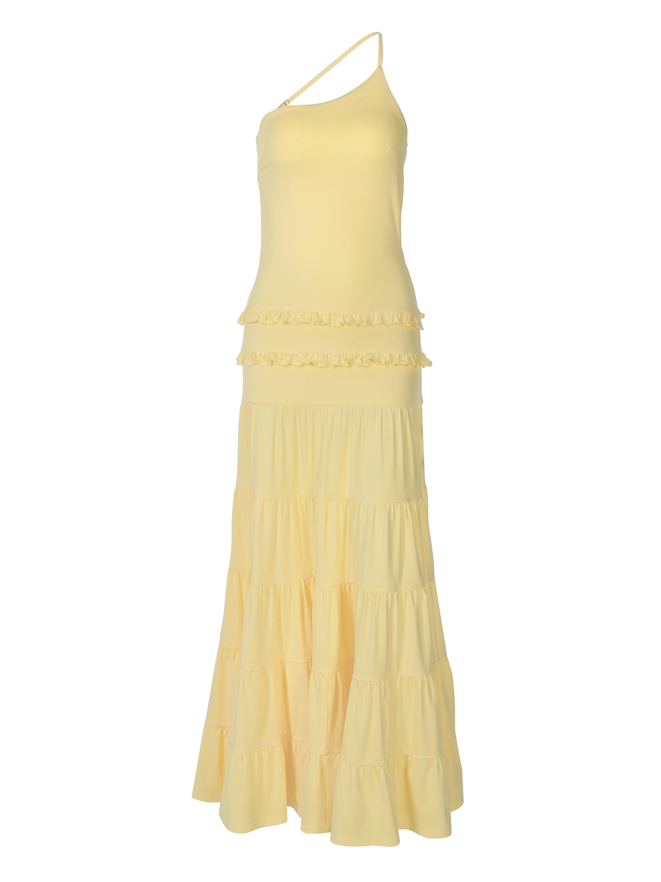 Strappy One - Shoulder Pleated Multi - layer Long Dress 