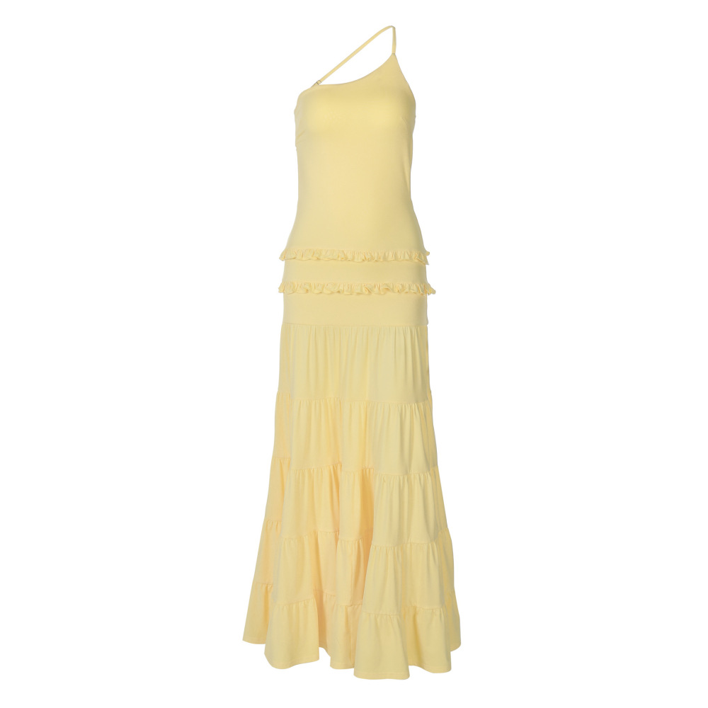 Strappy One - Shoulder Pleated Multi - layer Long Dress 