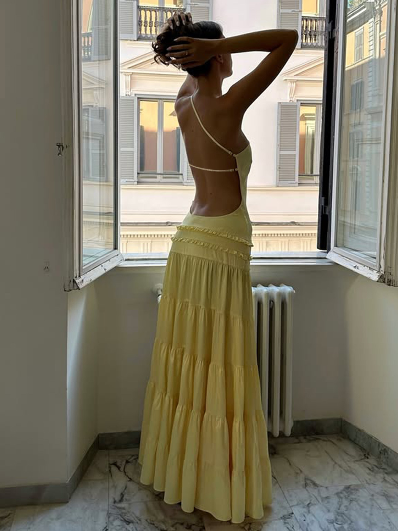 Strappy One - Shoulder Pleated Multi - layer Long Dress 