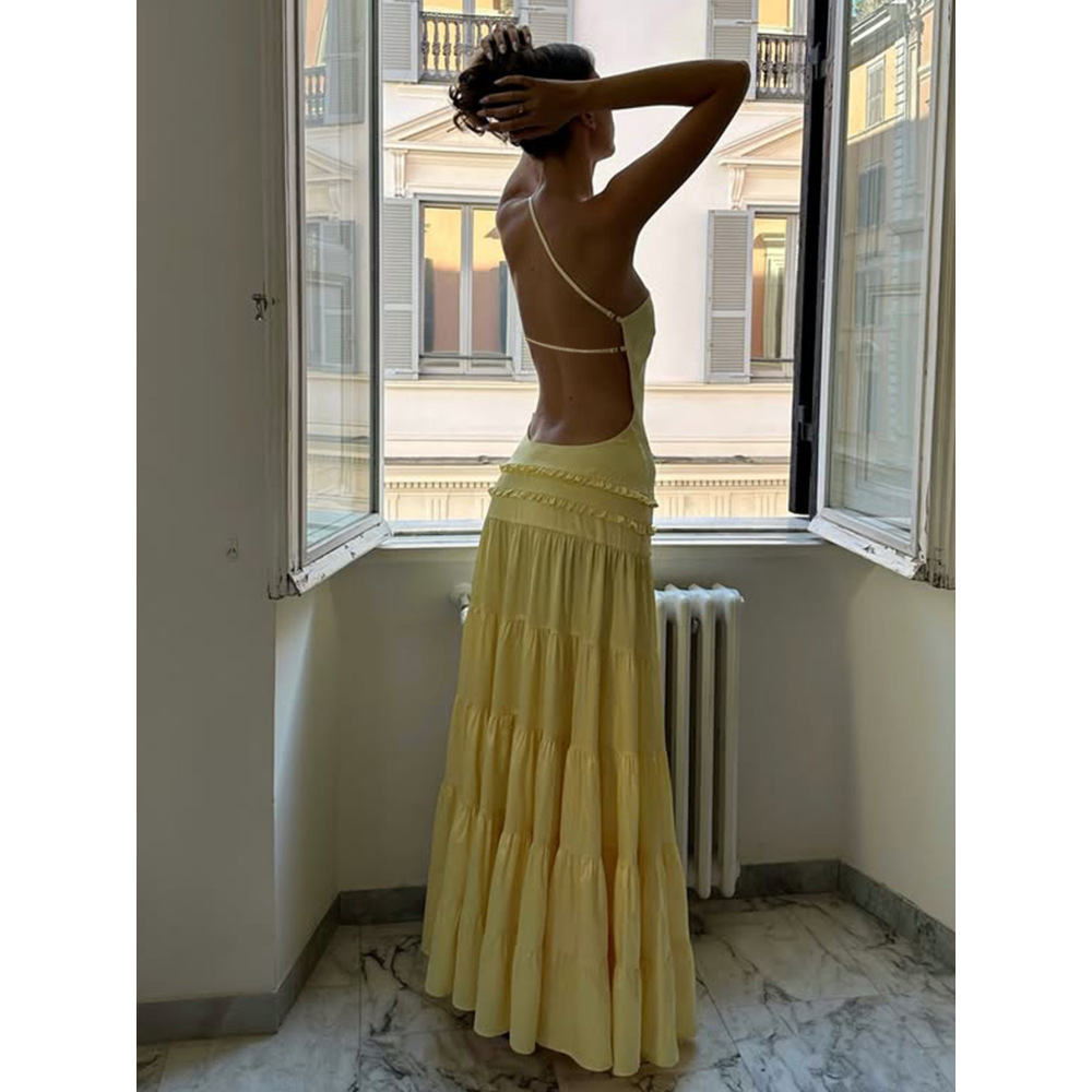 Strappy One - Shoulder Pleated Multi - layer Long Dress 