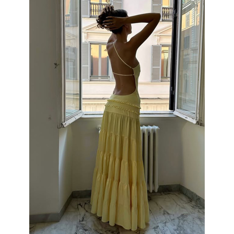 Strappy One - Shoulder Pleated Multi - layer Long Dress 