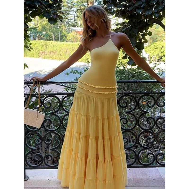 Strappy One - Shoulder Pleated Multi - layer Long Dress 