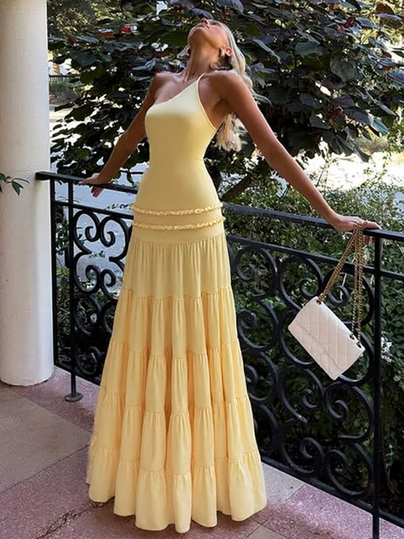 Strappy One - Shoulder Pleated Multi - layer Long Dress 