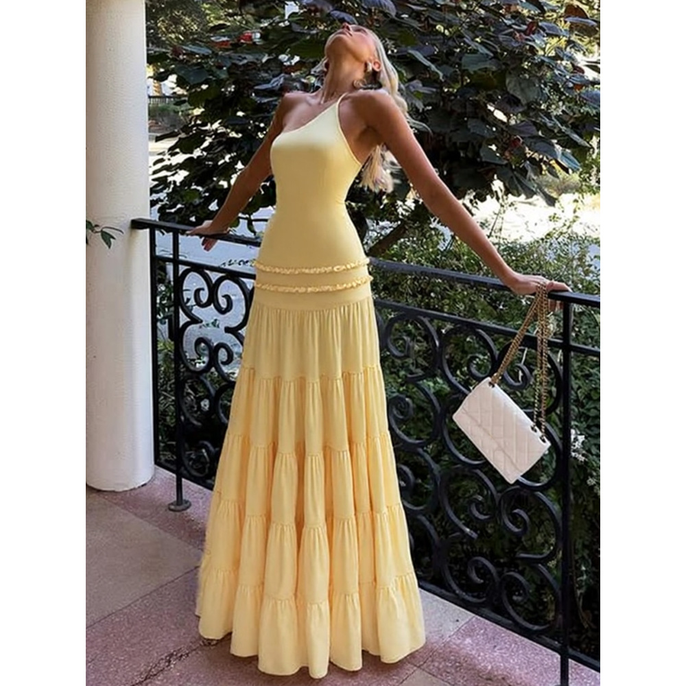Strappy One - Shoulder Pleated Multi - layer Long Dress 