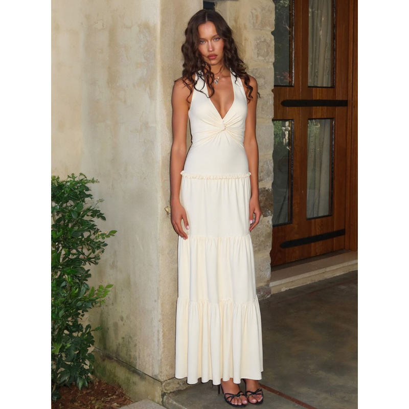 V - Neck Ruffle Halter Long Dress with Twists