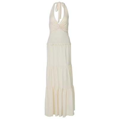 V - Neck Ruffle Halter Long Dress with Twists 01