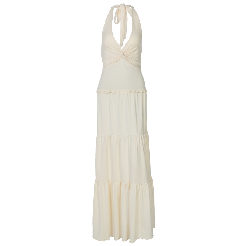 V - Neck Ruffle Halter Long Dress with Twists