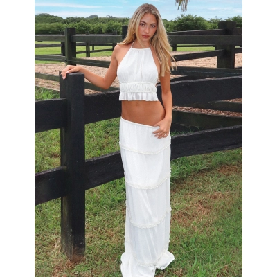 Beach Hollow - out Crop Top & Solid Color Long Dress Set 02