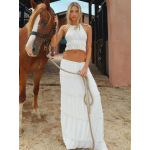 Beach Hollow - out Crop Top & Solid Color Long Dress Set