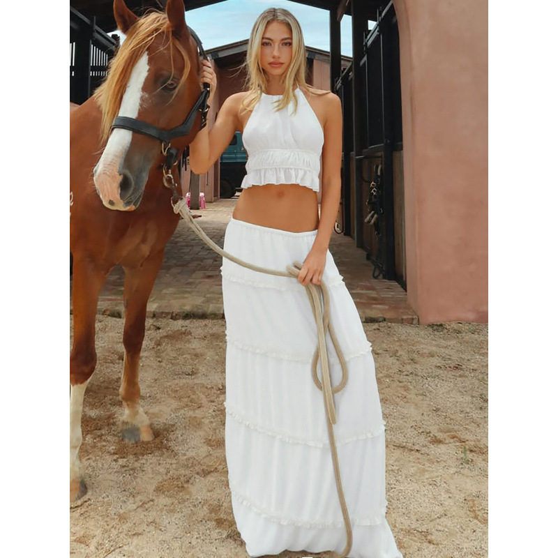 Beach Hollow - out Crop Top & Solid Color Long Dress Set