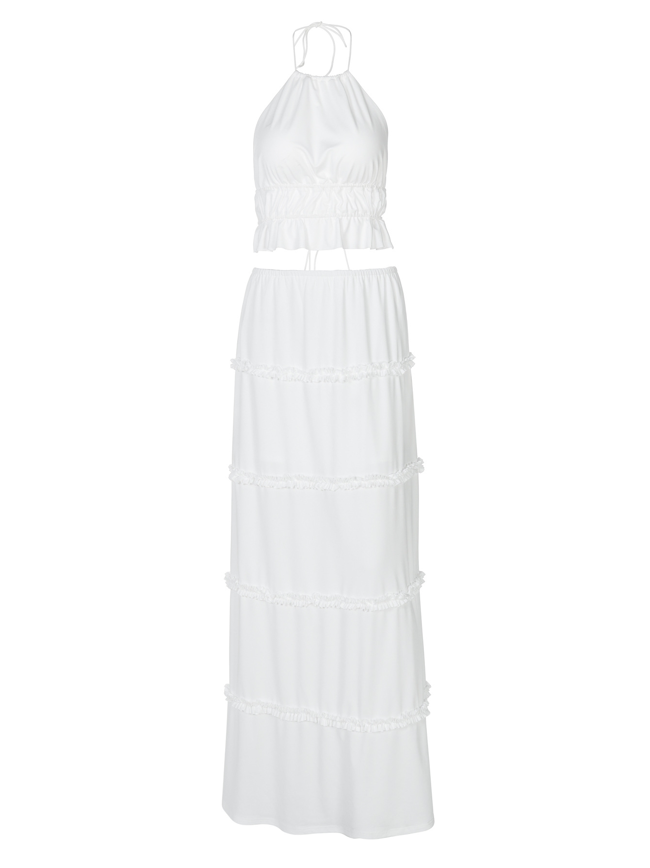 Beach Hollow - out Crop Top & Solid Color Long Dress Set