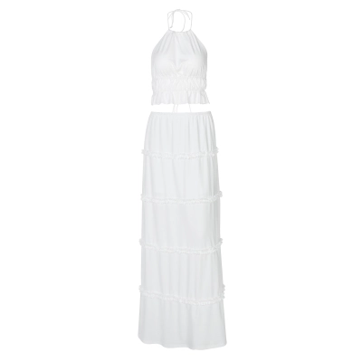 Beach Hollow - out Crop Top & Solid Color Long Dress Set 01