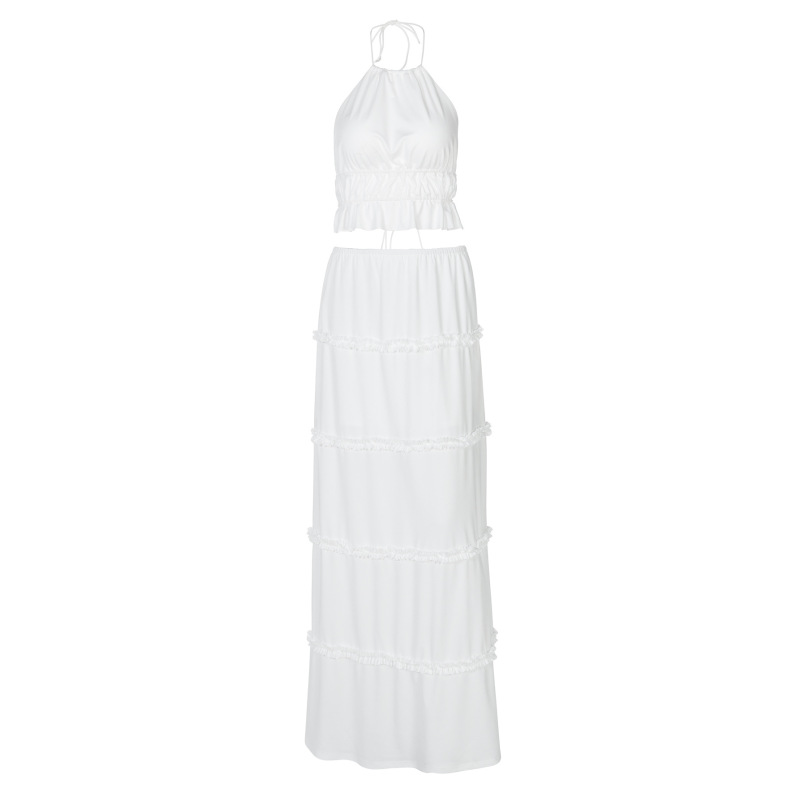 Beach Hollow - out Crop Top & Solid Color Long Dress Set