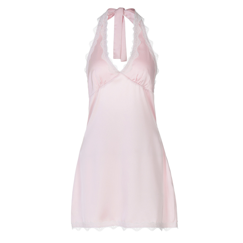 Deep - V Spliced Lace - Trimmed Crop Halter Dress