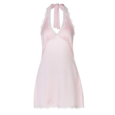 Deep - V Spliced Lace - Trimmed Crop Halter Dress 01