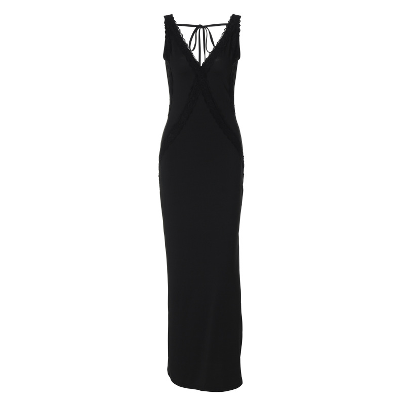 Lace - Trimmed Back - Tied Spaghetti Strap Dress