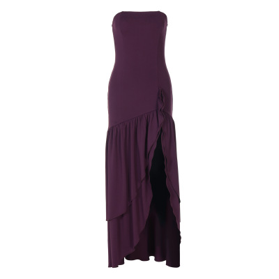 Matronly Off - the - Shoulder Sleeveless Solid Color Sexy Ruffle Dress 01