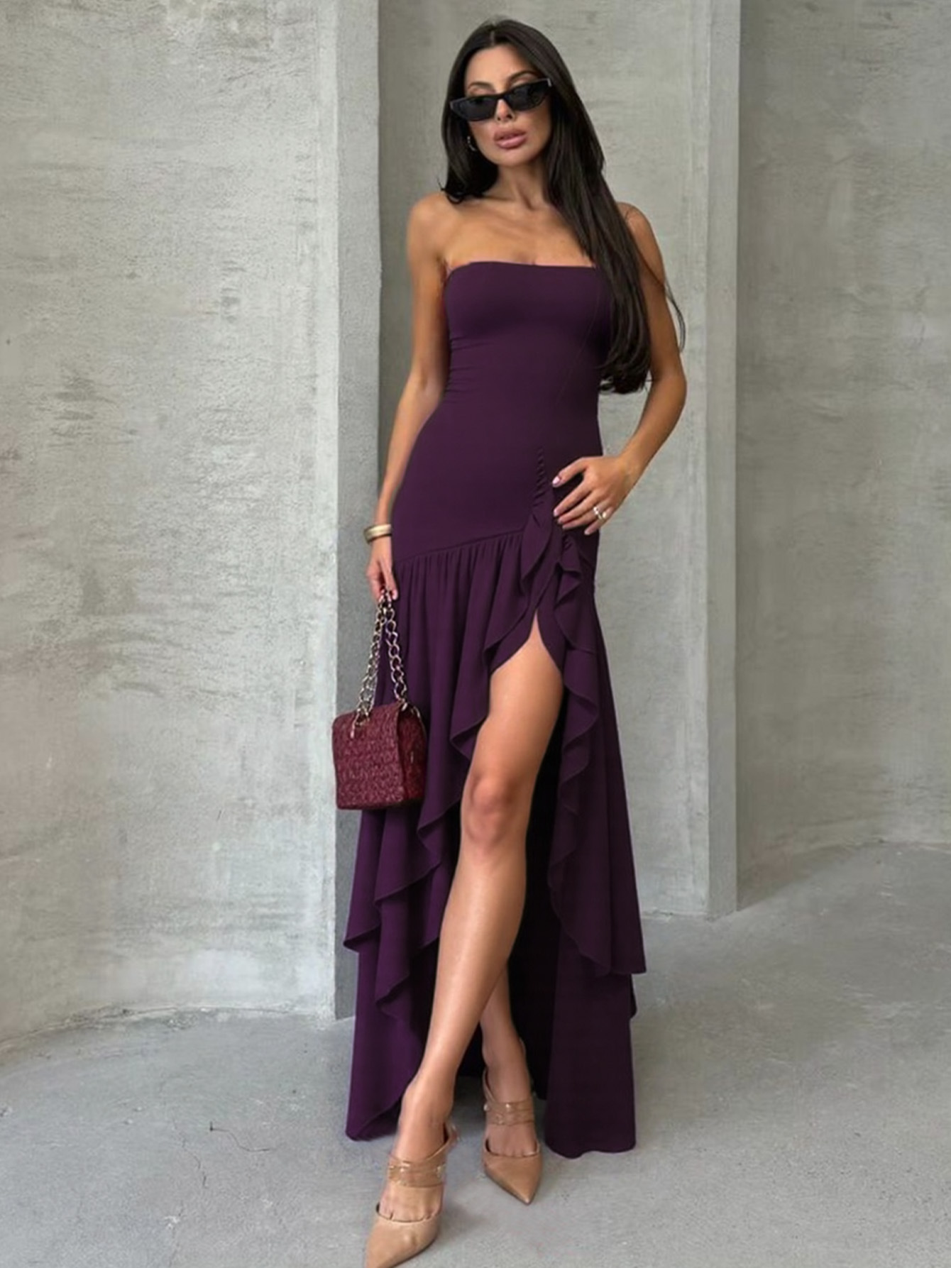 Matronly Off - the - Shoulder Sleeveless Solid Color Sexy Ruffle Dress