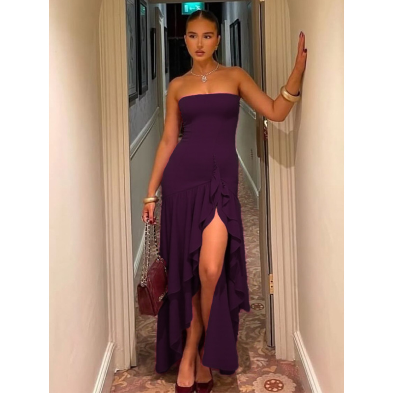 Matronly Off - the - Shoulder Sleeveless Solid Color Sexy Ruffle Dress