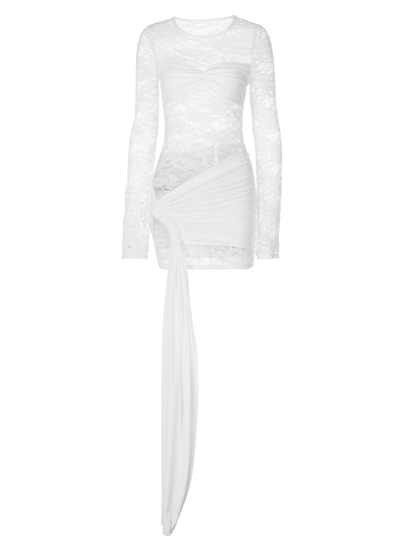 Round - Neck Lace - Spliced Flowing - Ribbon Long - Sleeve Dress