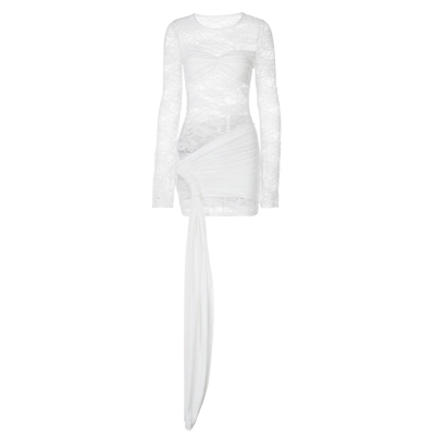 Round - Neck Lace - Spliced Flowing - Ribbon Long - Sleeve Dress 01