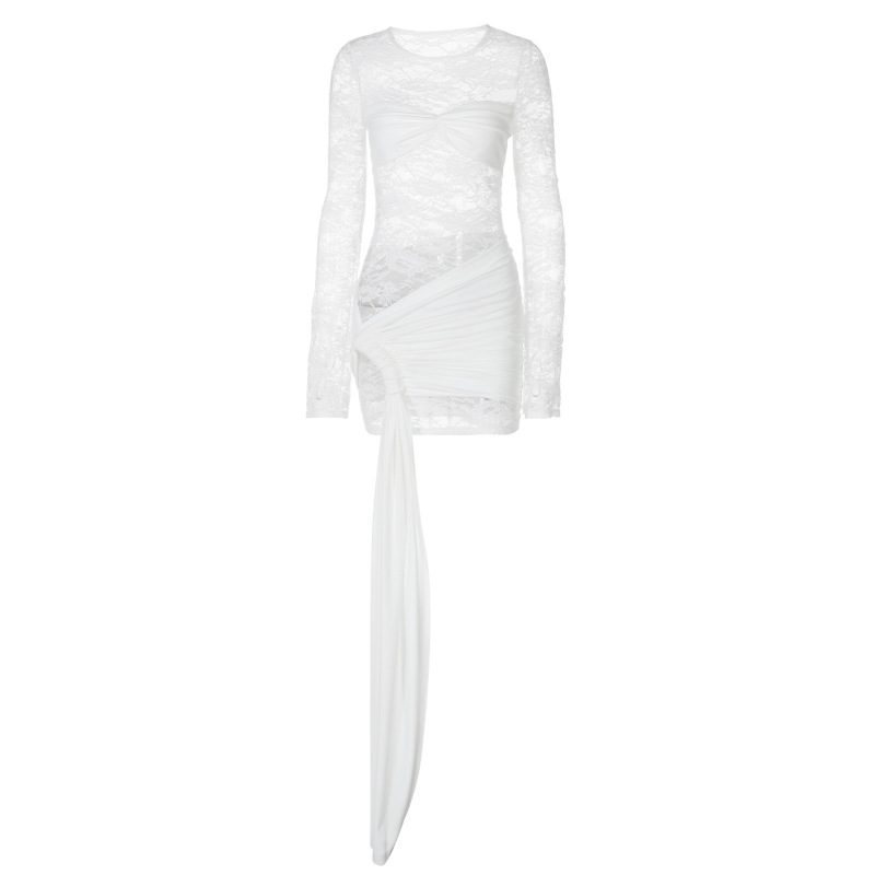 Round - Neck Lace - Spliced Flowing - Ribbon Long - Sleeve Dress