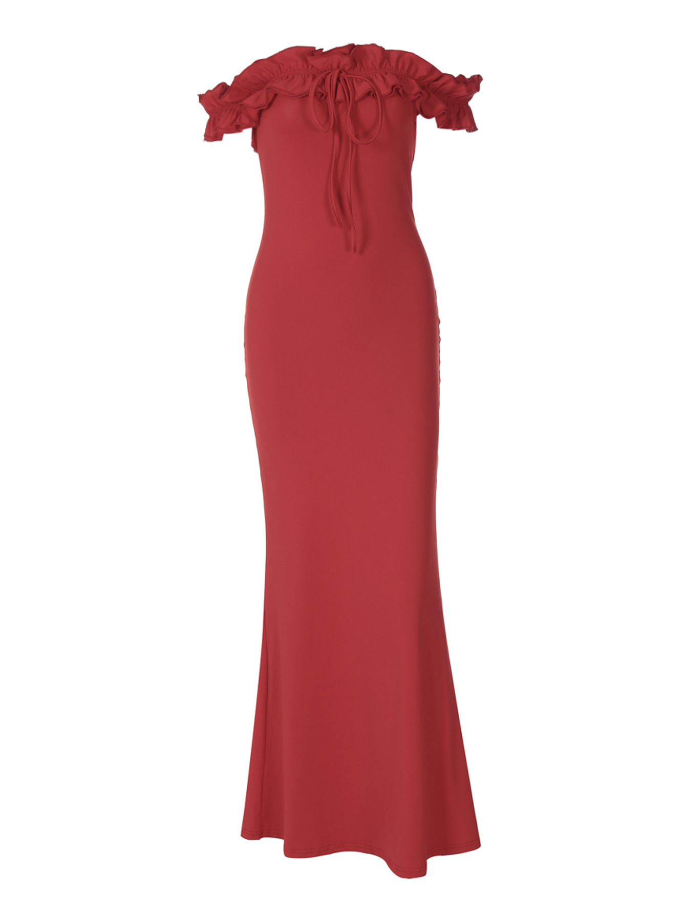 Ruffled - Trim Ruched Lace - Up Slim Fit Bandeau Dress