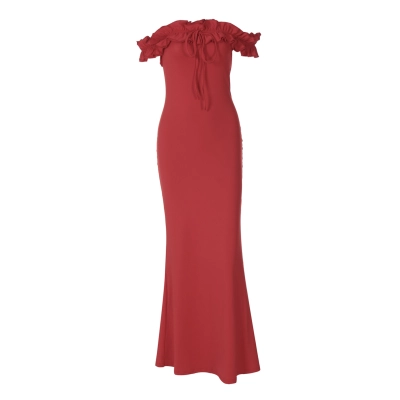 Ruffled - Trim Ruched Lace - Up Slim Fit Bandeau Dress 01