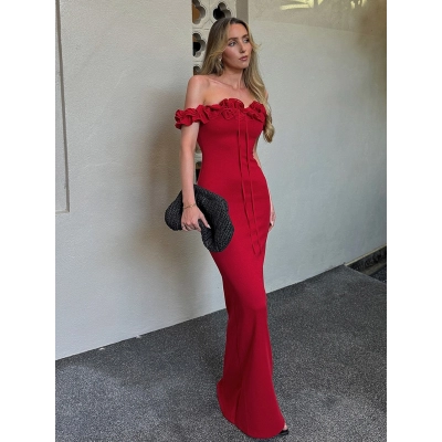 Ruffled - Trim Ruched Lace - Up Slim Fit Bandeau Dress 02